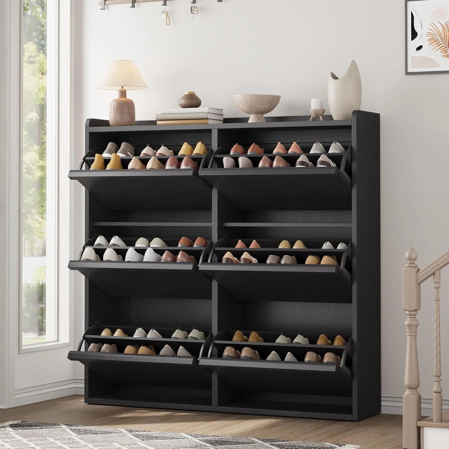 GarveeHome Shoe Cabinet with 3 Flip Top Drawers, Wooden Shoe Cabinet with Adjustable Shelves