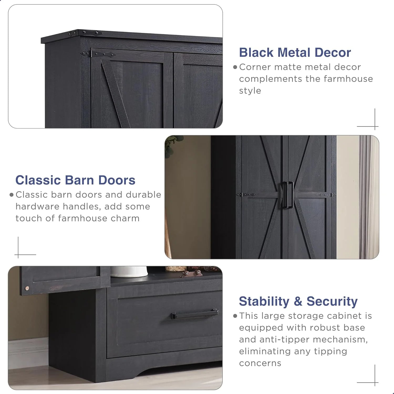 JXQTLINGMU Farmhouse Kitchen Pantry - 72" Tall Wood Kitchen Storage Cabinet with Adjustable Shelves and 2 Barn-Style Doors and Drawers