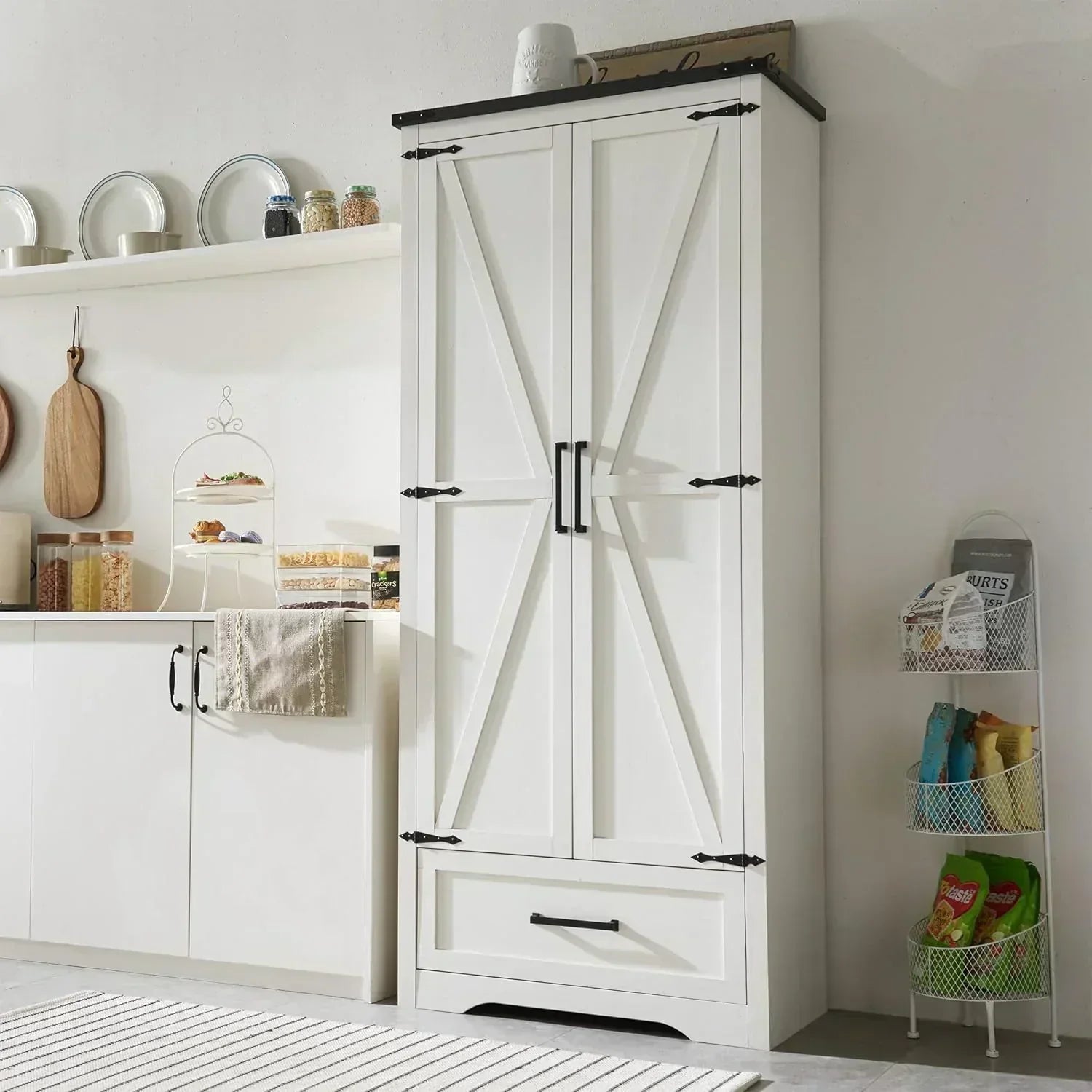 JXQTLINGMU Farmhouse Kitchen Pantry 72" Tall Wood Kitchen Storage Cabinet Adjustable Shelves