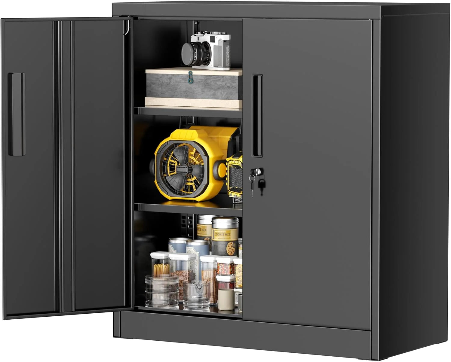 Greenvelly Metal Storage Cabinet, 72" Black Locking Metal Cabinet with 2 Doors and 4 Adjustable Shelves, Lockable Garage Storage Cabinets for Home Office, Garage, Kitchen, Living Room