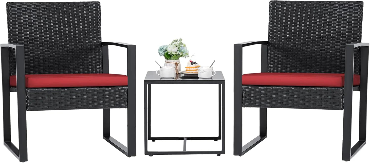 Flamaker 3 Pieces Outdoor Patio Wicker Furniture Set, Modern Rattan Chair Conversation Sets with Coffee Table for Yard and Bistro (Black)