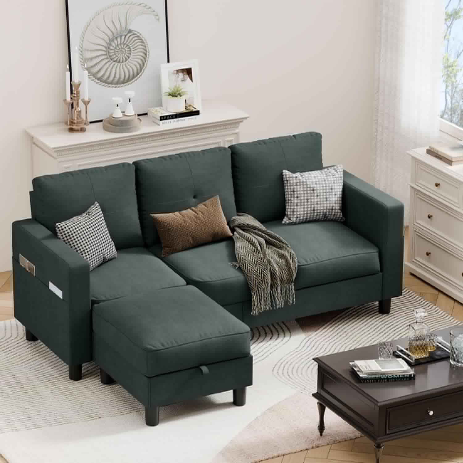 Vongrasig Convertible Modular Sofa, Three-Seater L-Shaped Sofa, Mid-Century Style Sofa