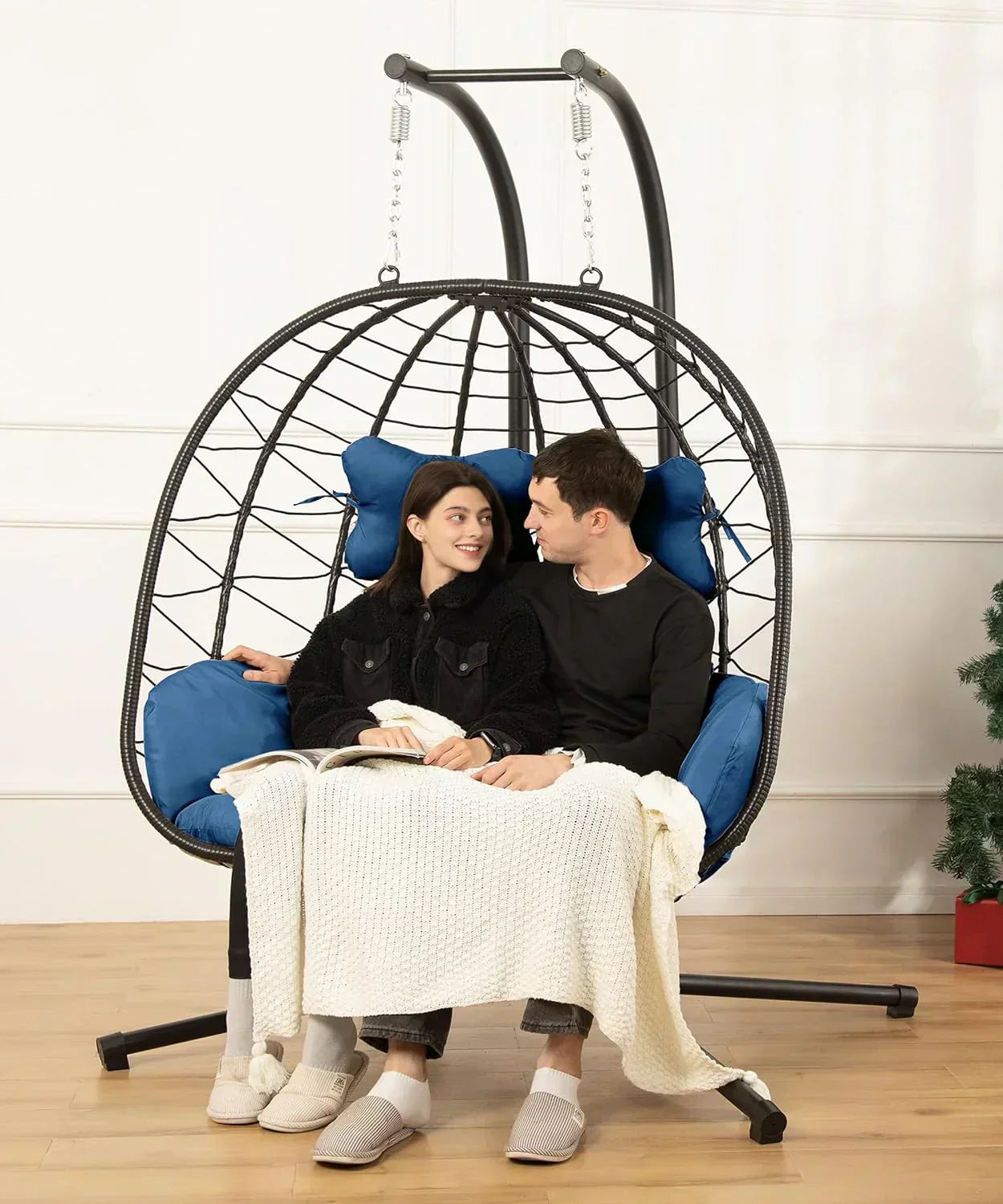 Double Egg Chair wth Stand Hammock Swing Chair Foldable Hanging Loveseat UV Resistant