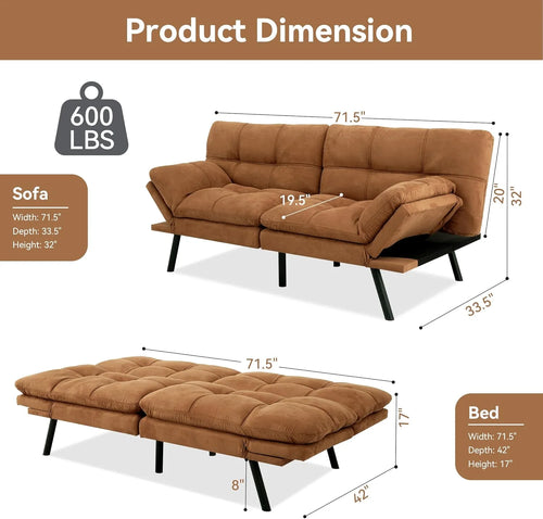 Amazon Basics Brown Loveseat,Convertible Couch Memory Foam Futon Sofa Bed Modern Sleeper Sofa for Small Compact Living Room,Office,Apartment, Linen Fabric