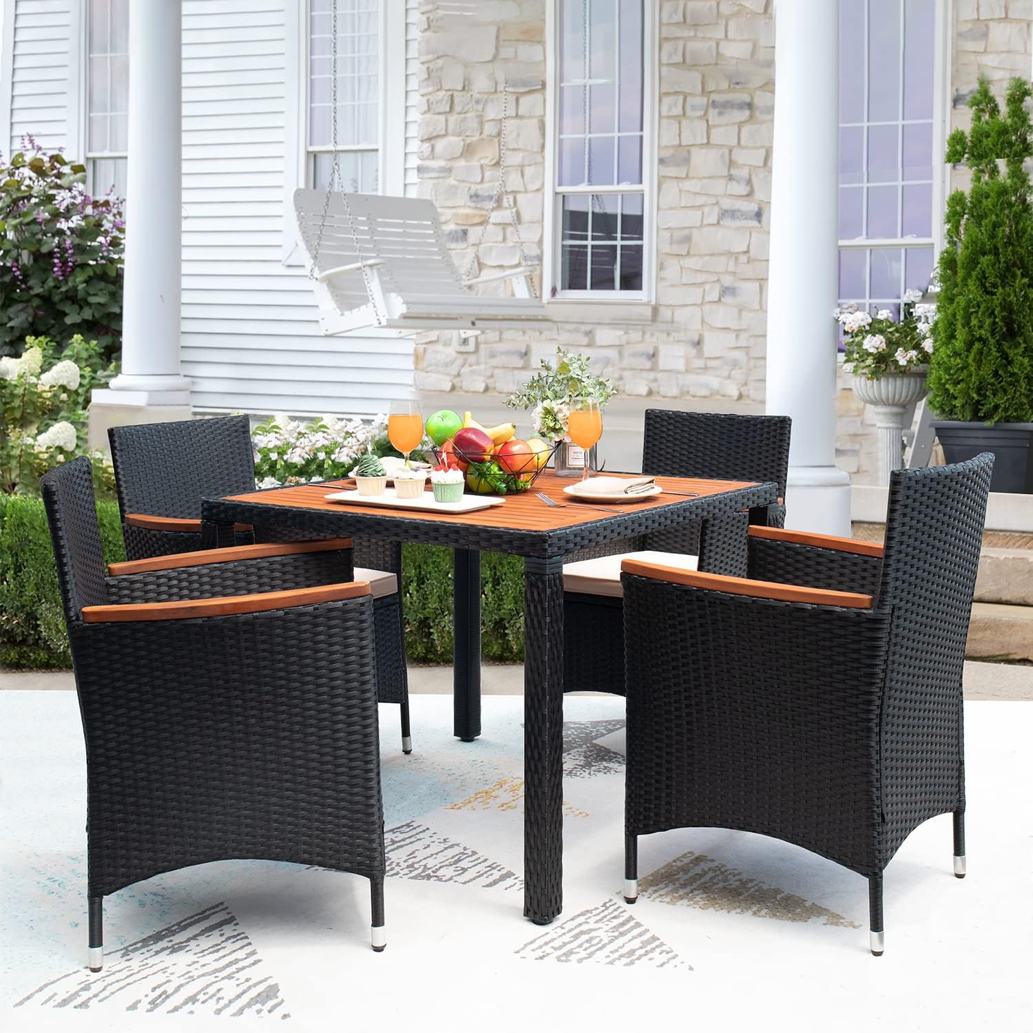 Devoko Dining 7 PCS Furniture Patio Conversation Set with Acacia Wood Table Top Rattan Outdoor