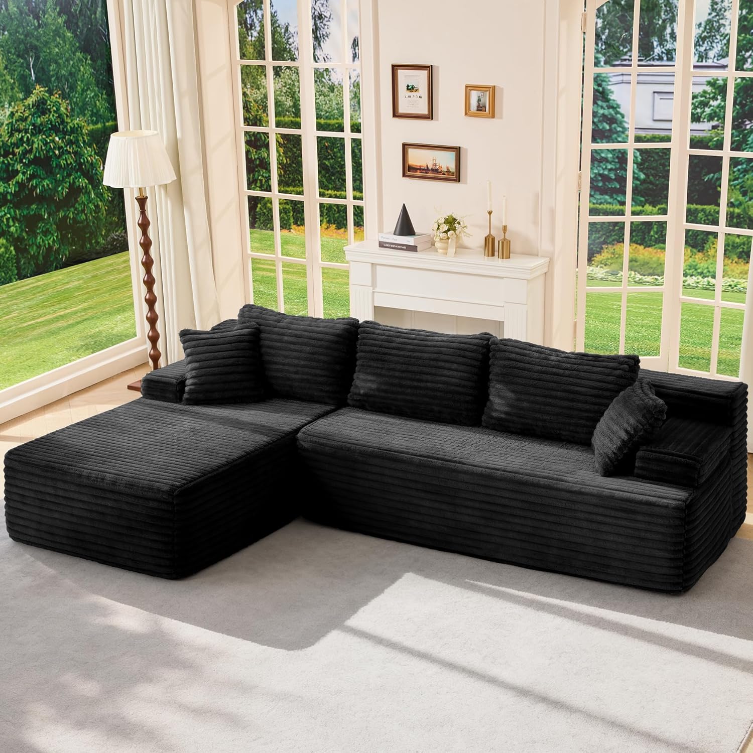 Modular Sectional Sofa Couches L-Shape Couch 3 Seat Modular Sofa Memory Foam Sectional Couches for Living Room, Cloud Couch with Oversized Chaise (Grey Stripe, 96" Left Facing Chaise)