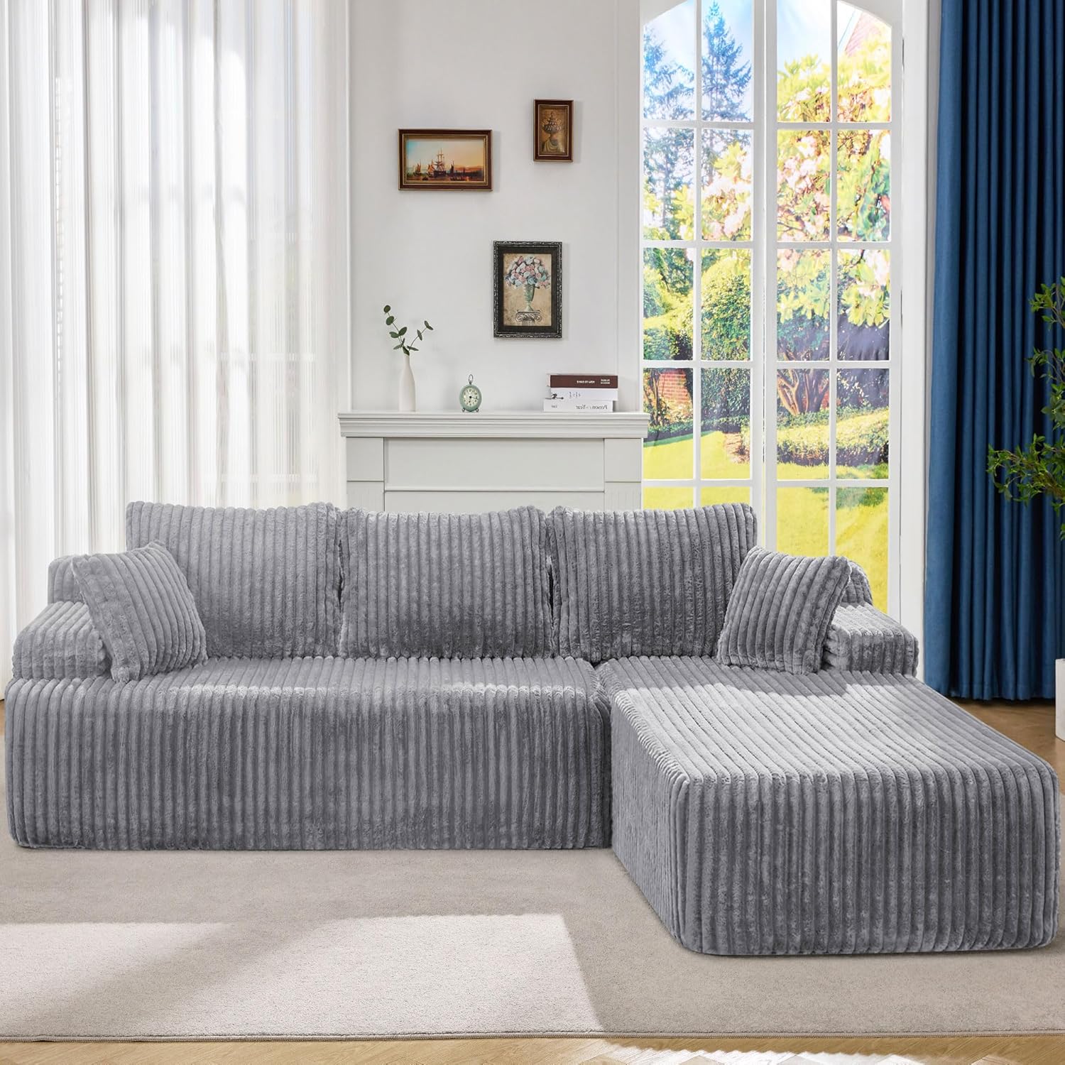 Modular Sectional Sofa Couches L-Shape Couch 3 Seat Modular Sofa Memory Foam Sectional Couches for Living Room, Cloud Couch with Oversized Chaise (Grey Stripe, 96" Left Facing Chaise)