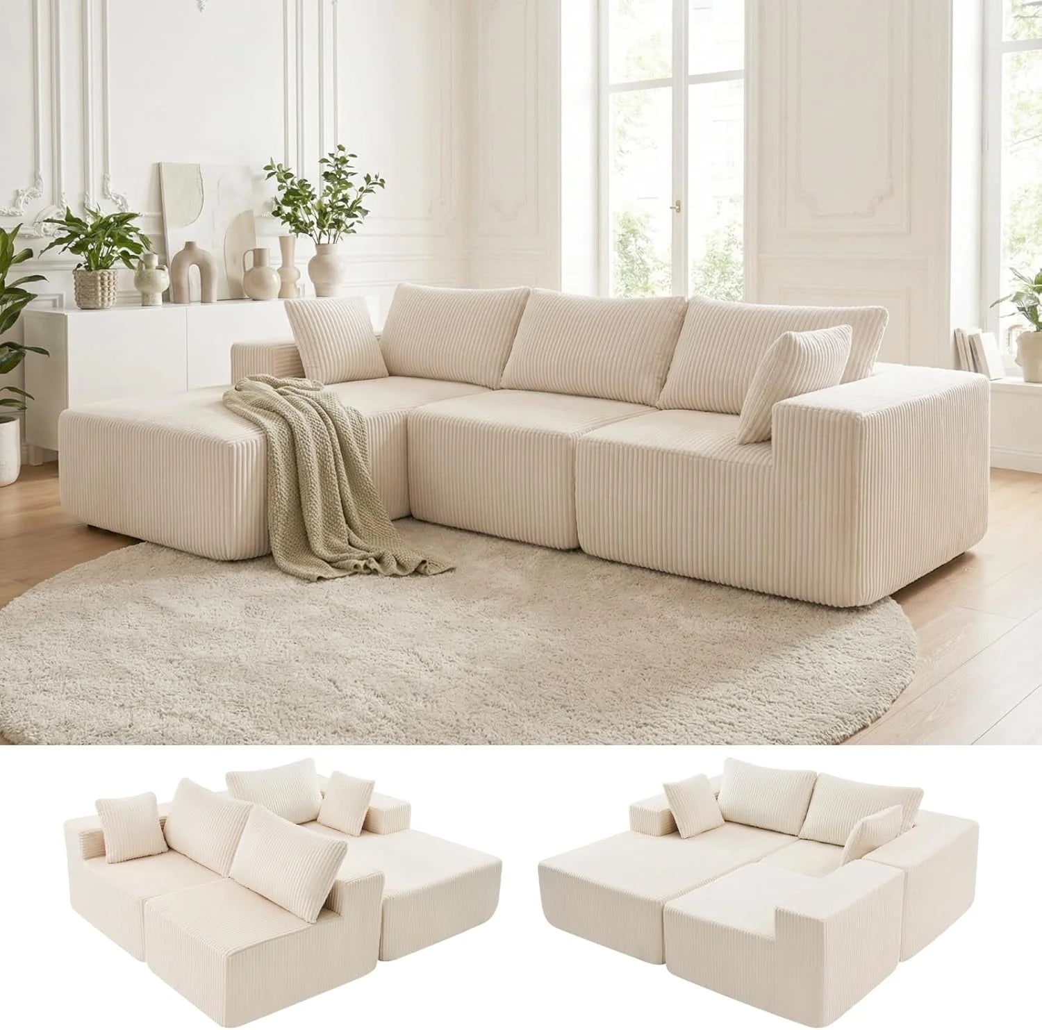 DUMOS 108" Boneless Couch, Cloud Sectional Couch with L-Shape Chaise, Modular Sectional Sofa with Deep Seat, Upholstered Couch for Living Room Bedroom, No Assembly Required (Beige, Left Facing Chaise)