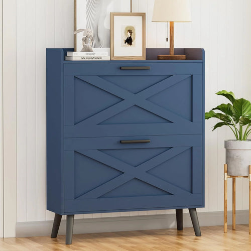 32" wide farmhouse shoe cabinet with 2 flip-top drawers and barn door design, adjustable shelves