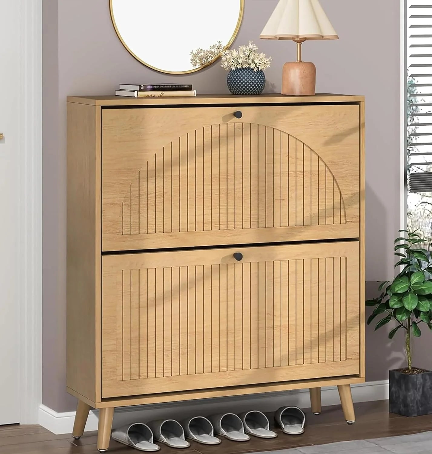 Entrance shoe cabinet with 2 flip-top drawers, narrow wooden shoe cabinet with fluted panels