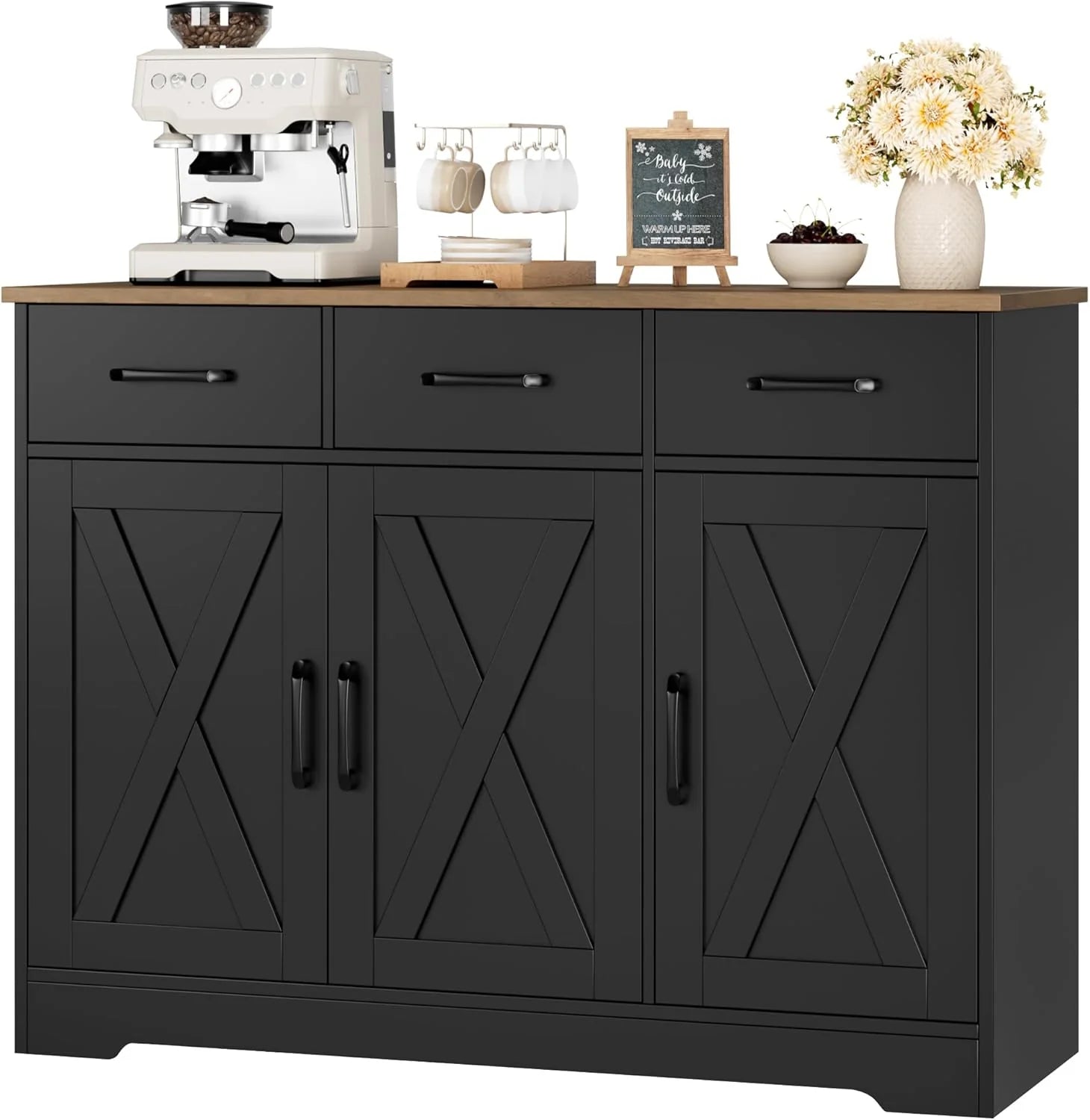 Modern farmhouse sideboard, barn door buffet storage cabinet with drawers and shelves, wooden coffee bar with storage