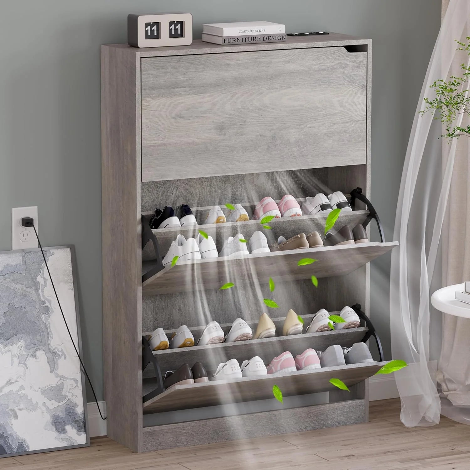 Shoe Cabinet with 3 Flip Drawers, Hidden Wood Shoe Cabinet,Freestanding Shoe Storage Cabinet