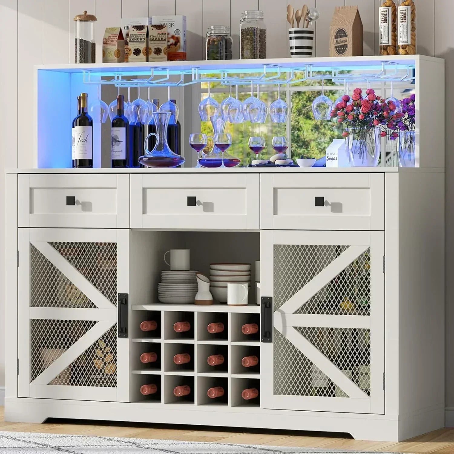 Wine Bar Cabinet with LED Light Liquor Cabinet with Glass Holder Coffee Bar for Liquor