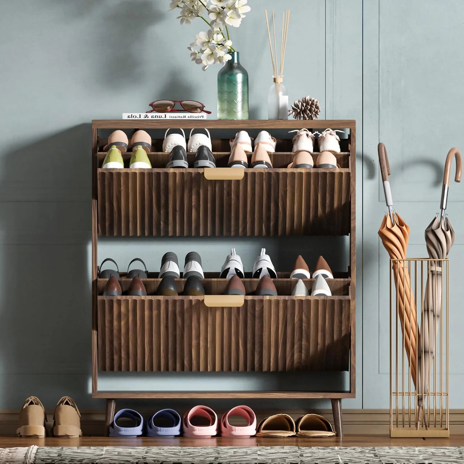 Shoe Cabinet Storage Modern Freestanding Organizer with 2 Flip Drawers Narrow Shoe Rack Cabinet
