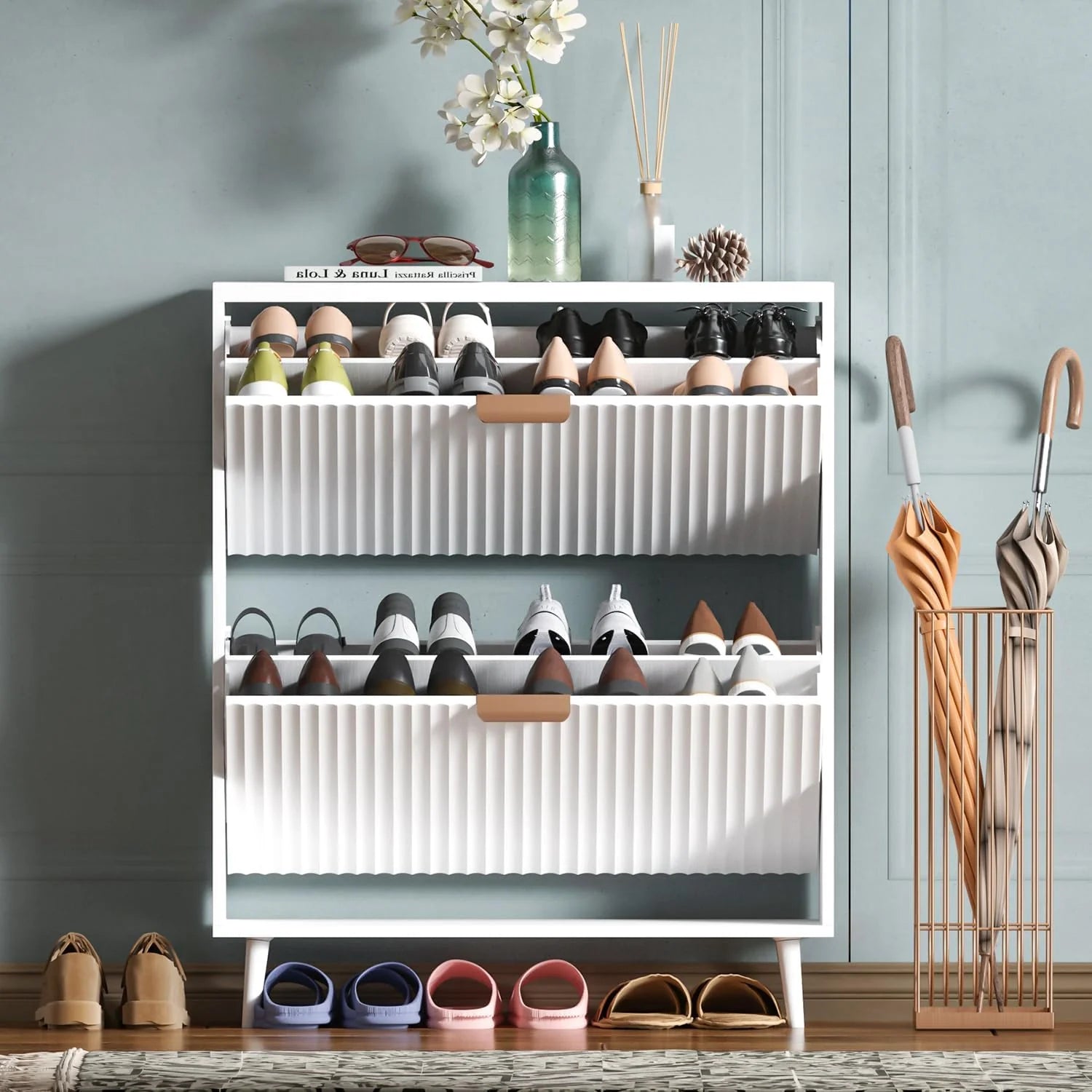 Shoe Cabinet Storage Modern Freestanding Organizer with 2 Flip Drawers Narrow Shoe Rack Cabinet