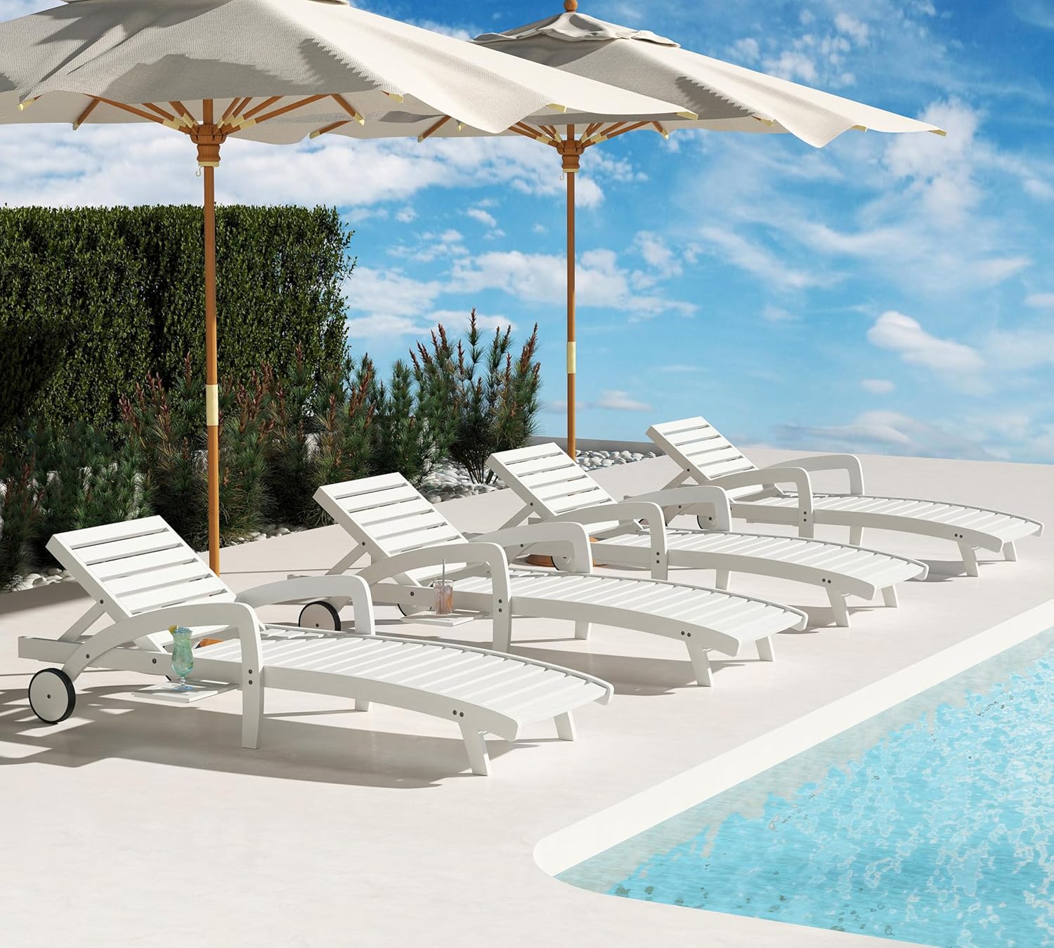 Pool Chaise Lounge Chairs Set of 4 5-Position Adjustable Outdoor Patio Lounge Chairs Wood Reclining Chaise Lounger Chair with Pullout Side Table