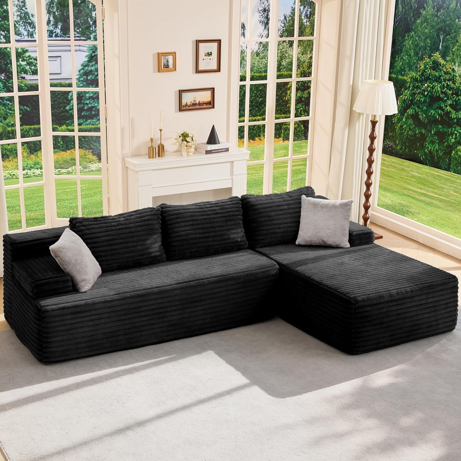 Modular Sectional Sofa Couches L-Shape Couch 3 Seat Modular Sofa Memory Foam Sectional Couches for Living Room, Cloud Couch with Oversized Chaise (Grey Stripe, 96" Left Facing Chaise)