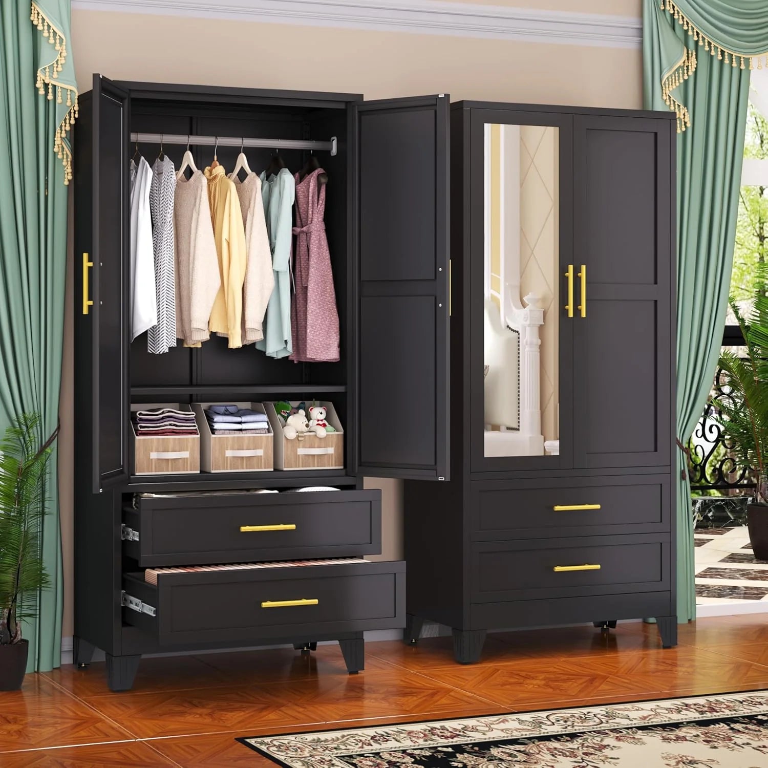 Steel Armoire Wardrobe Closet, 71" Metal Clothing Storage Cabinets