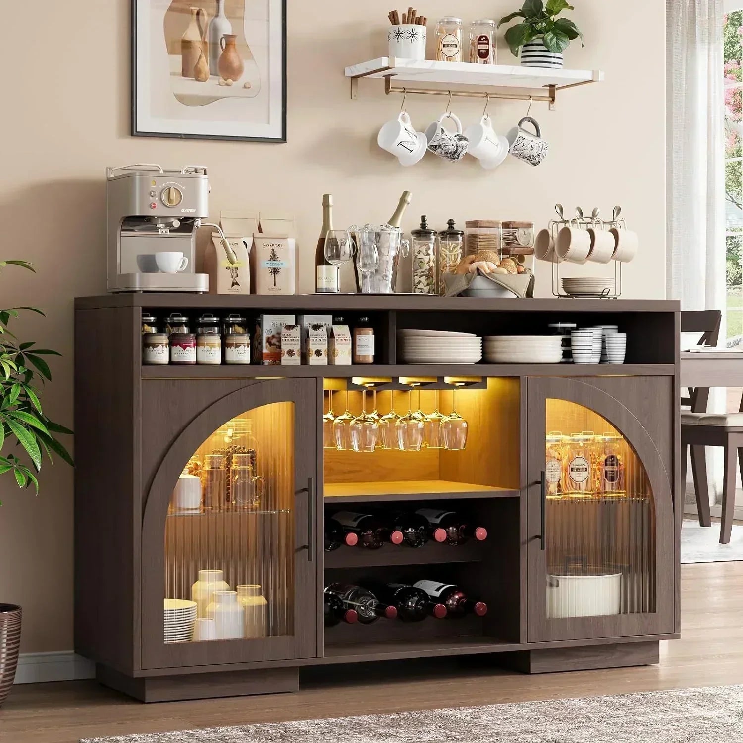 Sideboard 54-inch kitchen cabinet with LED lights and arched glass doors tall bar cabinet