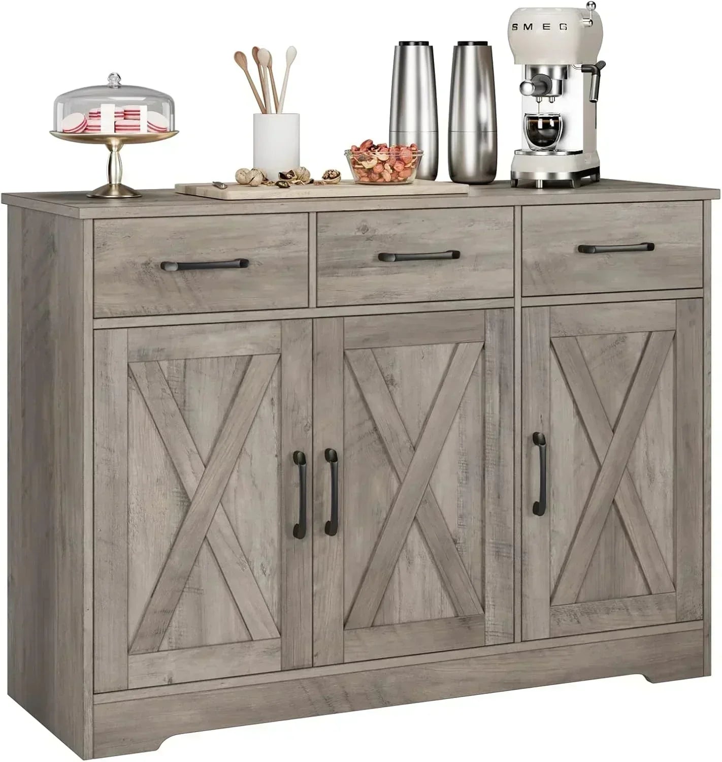 Modern farmhouse sideboard barn door buffet storage cabinet with drawers and shelves