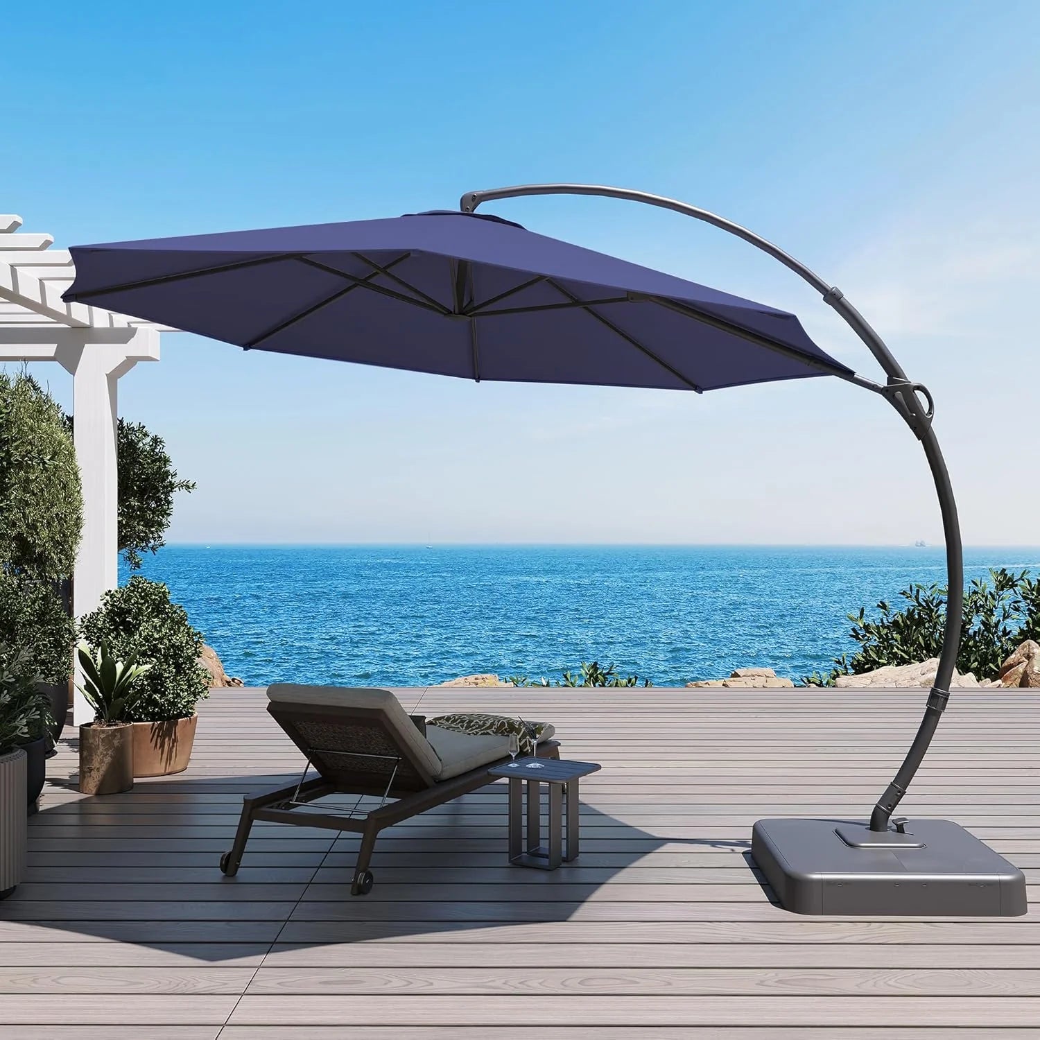 LAUSAINT HOME Outdoor Patio Umbrella with Base included, 11 FT Deluxe Curvy Cantilever Umbrella Heavy Duty Offset Hanging Umbrella with 360° Rotation for Market, Pool, Garden, Backyard, Deck (Beige)