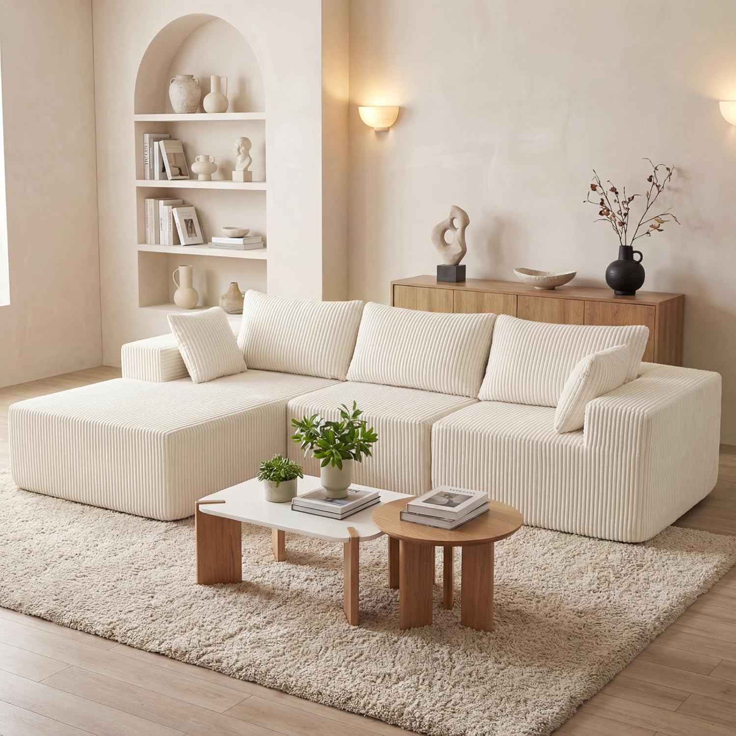 DUMOS 108" Boneless Couch, Cloud Sectional Couch with L-Shape Chaise, Modular Sectional Sofa with Deep Seat, Upholstered Couch for Living Room Bedroom, No Assembly Required (Beige, Left Facing Chaise)