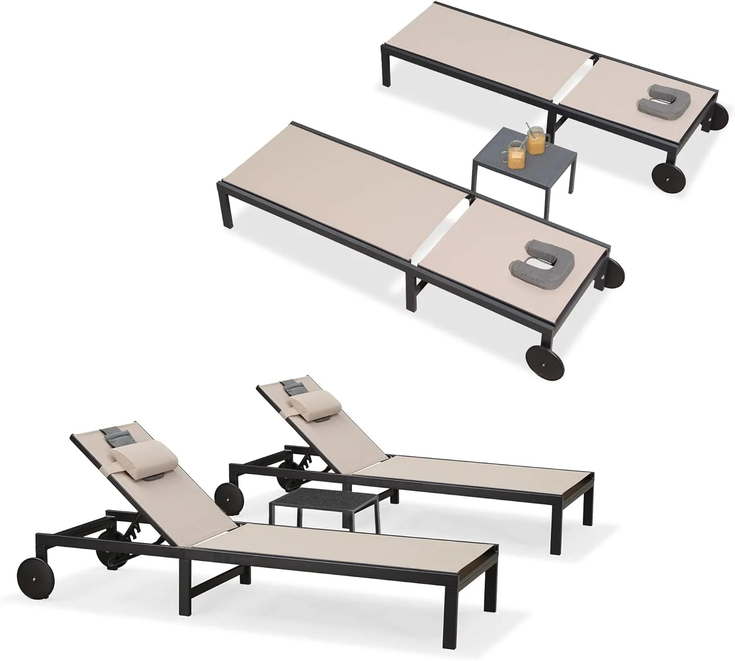 PURPLE LEAF Patio Tanning Lounge Chair Set with Face Down Hole Outdoor Aluminum Adjustable Reclining Chairs Wheels Pillows and Table for Poolside Beach Sunbathing Lounger, Beige