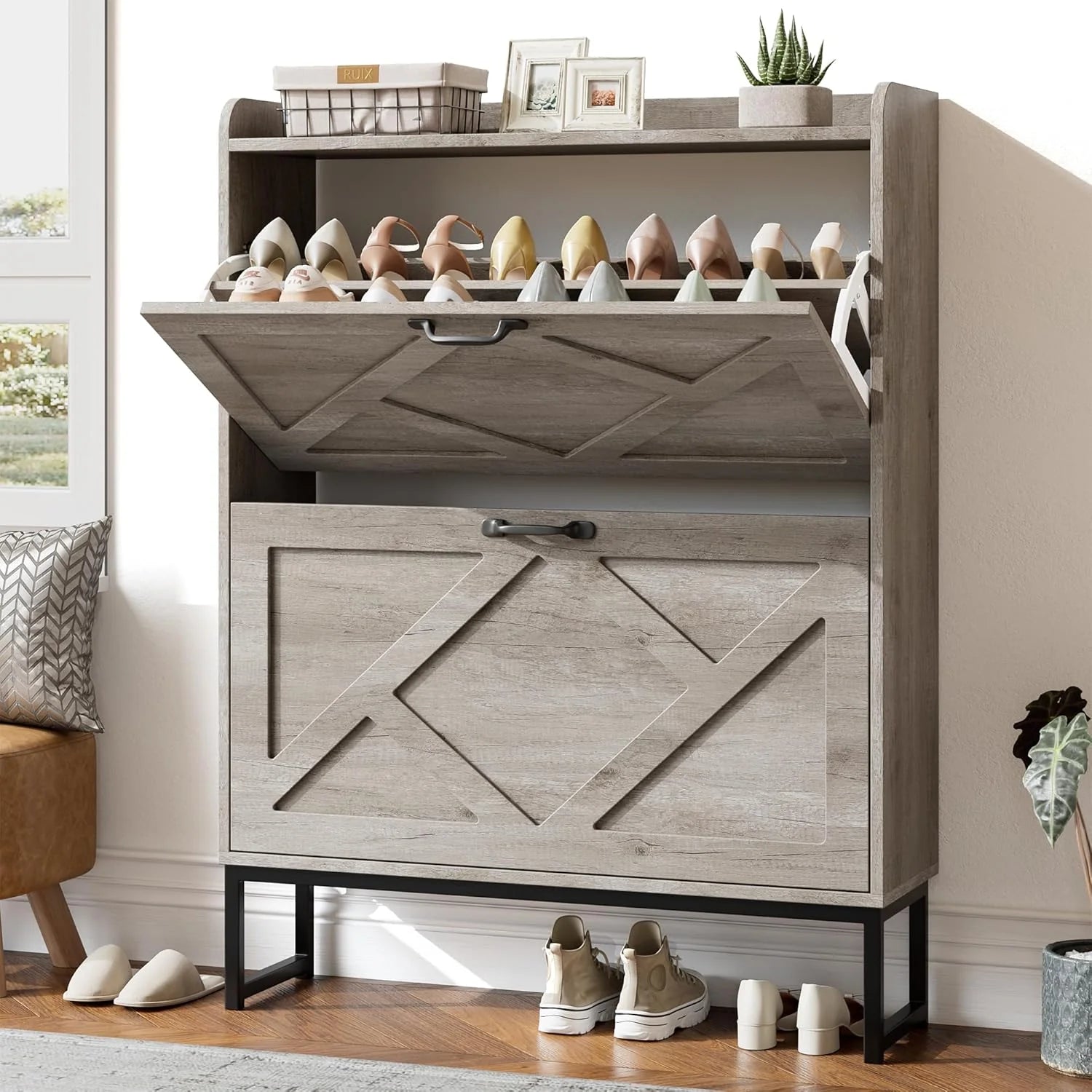 Nicetree Shoe Cabinet Freestanding Shoe Cabinet with 2 Reversible Drawers