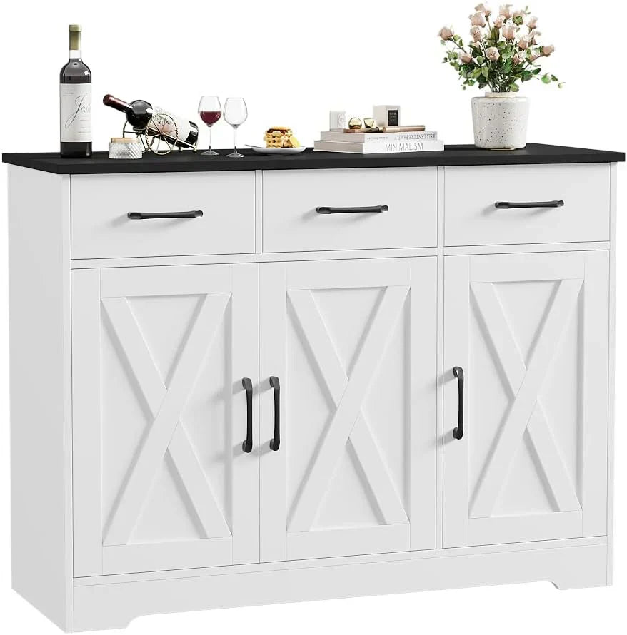 Modern farmhouse sideboard barn door buffet storage cabinet with drawers and shelves