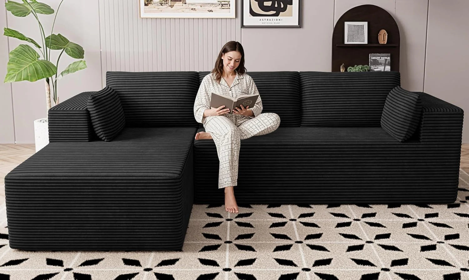 Cloud Sectional Boneless Couches for Living Room, Modular L Shaped Couch with Deep Seat Oversized Right Facing Chaise, Memory Foam Compressed Spineless 3 Seater Sofa for Apartment, Black | No Assembly Required, Deep Seat, Cat-Claw Resistant, High-Res