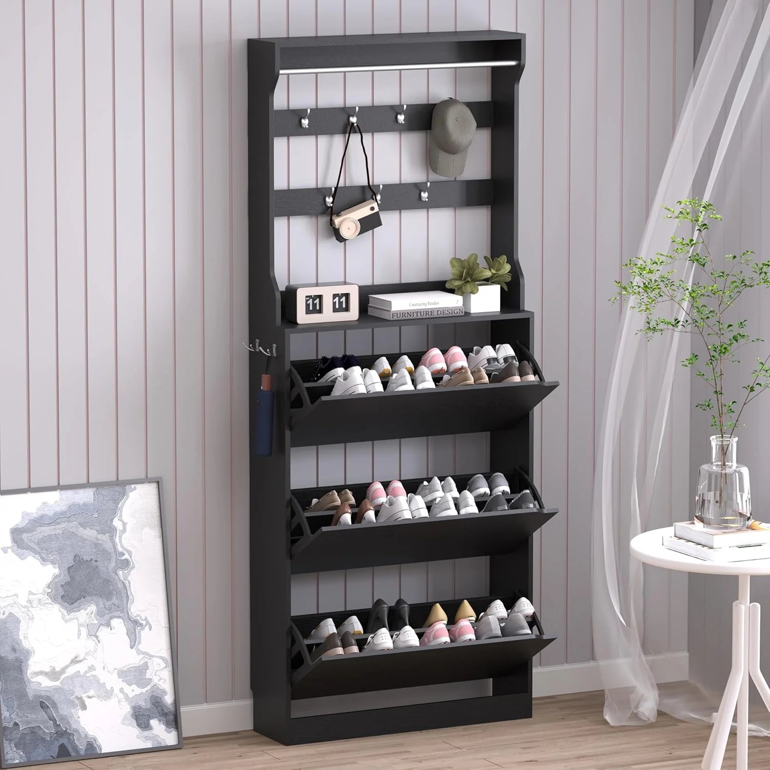 Shoe Cabinet with 3 Flip Drawers, Hidden Wood Shoe Cabinet,Freestanding Shoe Storage Cabinet