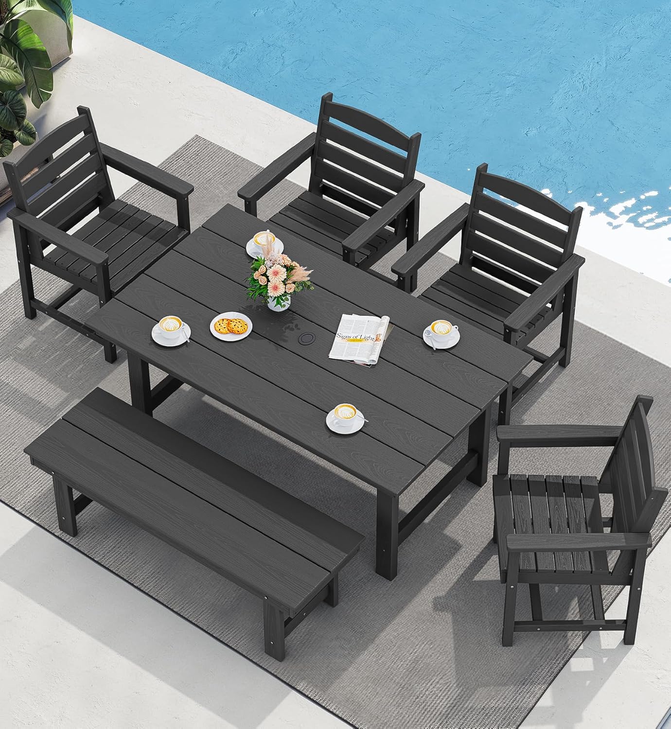 SERWALL 7-Piece Patio Dining Table Sets, Outdoor HDPE Dining Furniture Set with Umbrella Hole Cut-Out Table and 6 Chairs, Blue