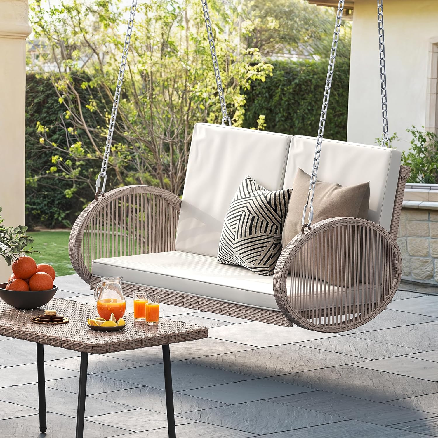 YITAHOME Hanging Porch Swing Chair Sits 3 People, Wicker Outdoor Swing Bench, Patio Lounge Chair, 1 Seating Cushion and 3 Back Cushions, w/Removable Covers, for Garden, Balcony, Backyard, Brown