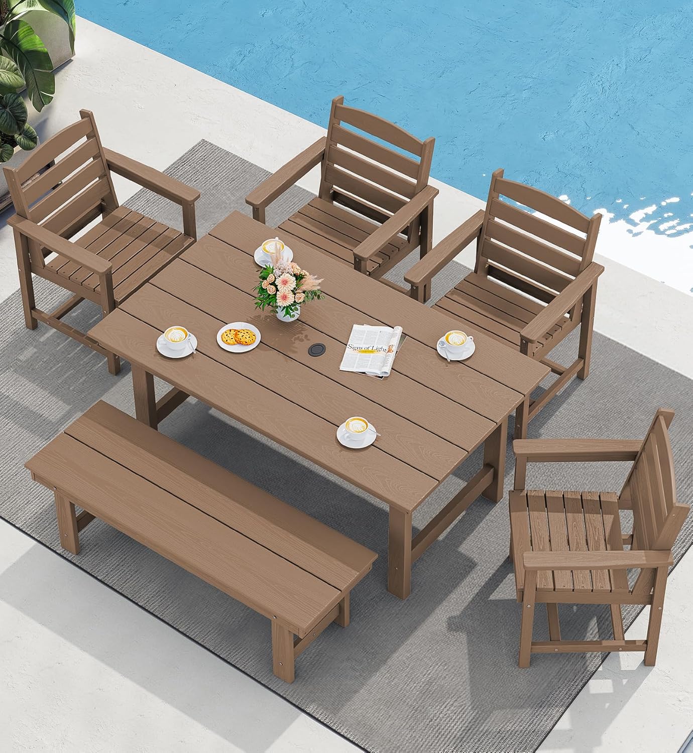 SERWALL 7-Piece Patio Dining Table Sets, Outdoor HDPE Dining Furniture Set with Umbrella Hole Cut-Out Table and 6 Chairs, Blue