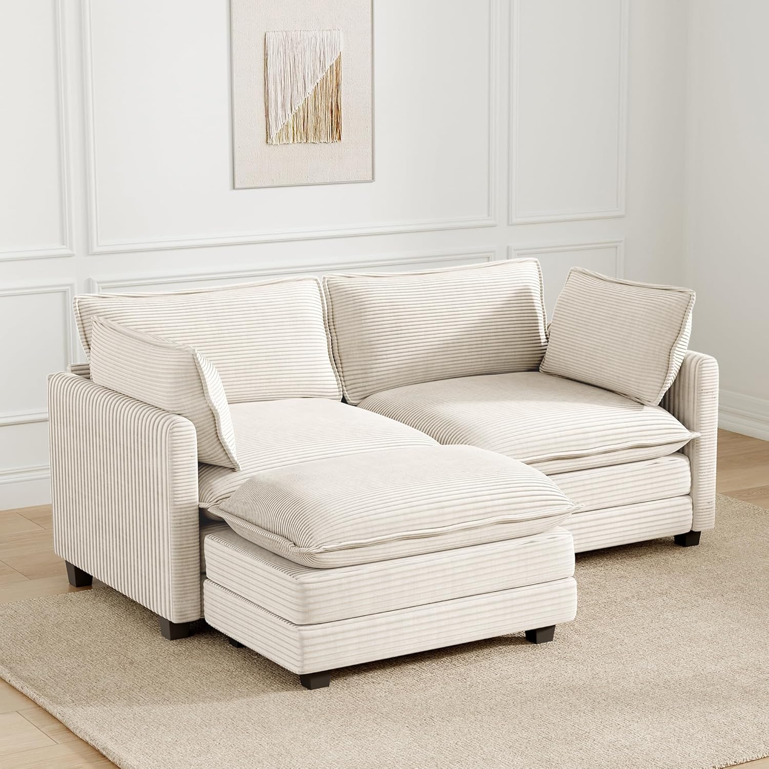 ROWHY Oversized Modular Sectional Sofa with Movable Ottoman, 112 Inch 4 Seat Modern Corduroy Sofa Set, Convertible L Shaped Couch for Living Room and Office, Beige