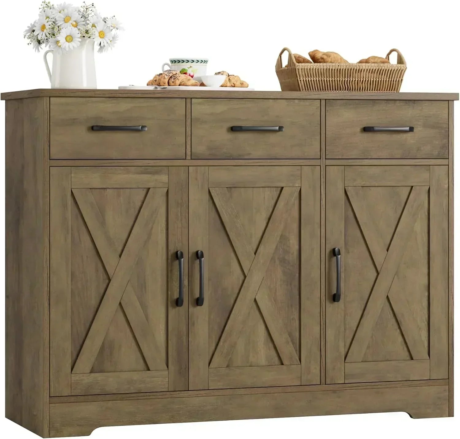 Modern farmhouse sideboard barn door buffet storage cabinet with drawers and shelves