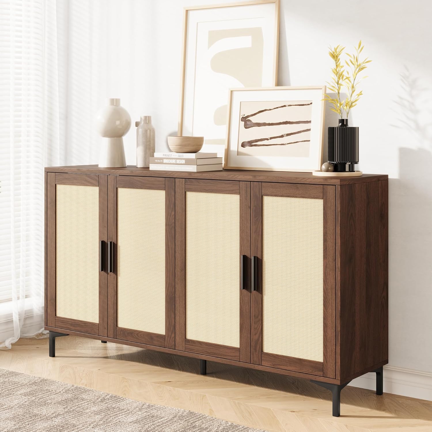 JASIWAY Buffet Cabinet with Storage 48" Rattan Sideboard Adjustable Shelves Modern Coffee Bar
