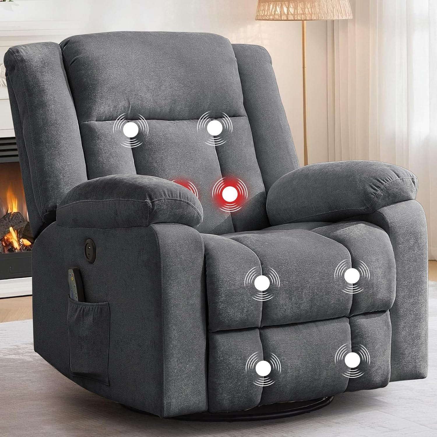 Rocker Recliner, Glider Recliner Chairs for Adults, 360° Swivel Rocking Chair with Massage and Heating, Nursery Chair