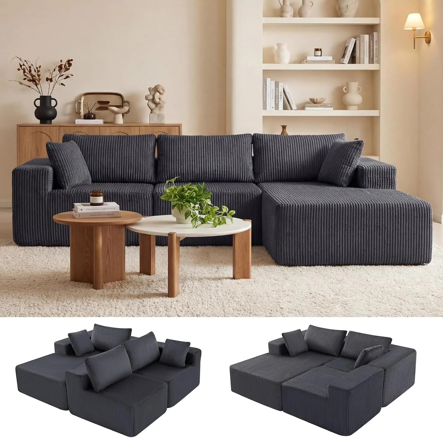 DUMOS 108" Boneless Couch, Cloud Sectional Couch with L-Shape Chaise, Modular Sectional Sofa with Deep Seat, Upholstered Couch for Living Room Bedroom, No Assembly Required (Grey, Left Facing Chaise)