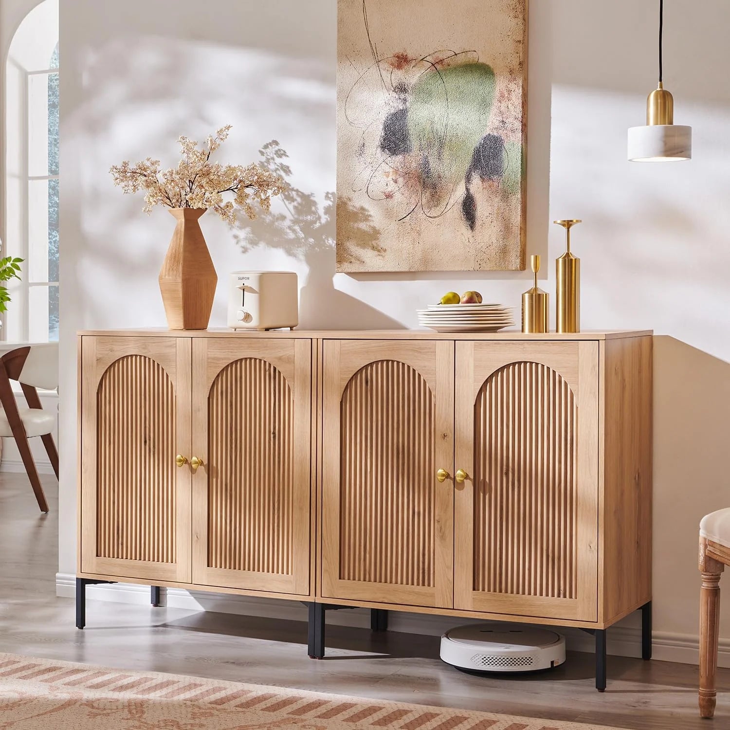 IFGET Modern Buffet Cabinet with Storage 92.63" W Fluted Arched Sideboard Cabinet