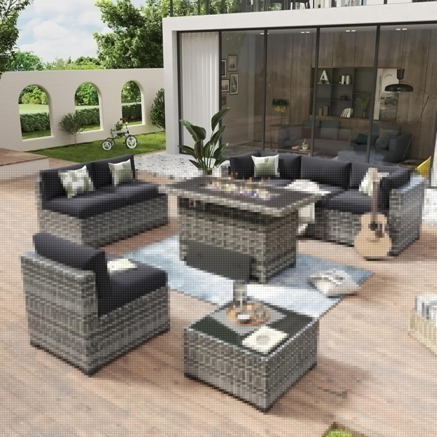 Aoxun 8 Piece Patio Furniture Set with 44?Fire Pit Table Wicker Rattan Outdoor Sectional Sofa Set with Coffee Table and Thickened Cushions, Beige (Waterproof Cover Included)