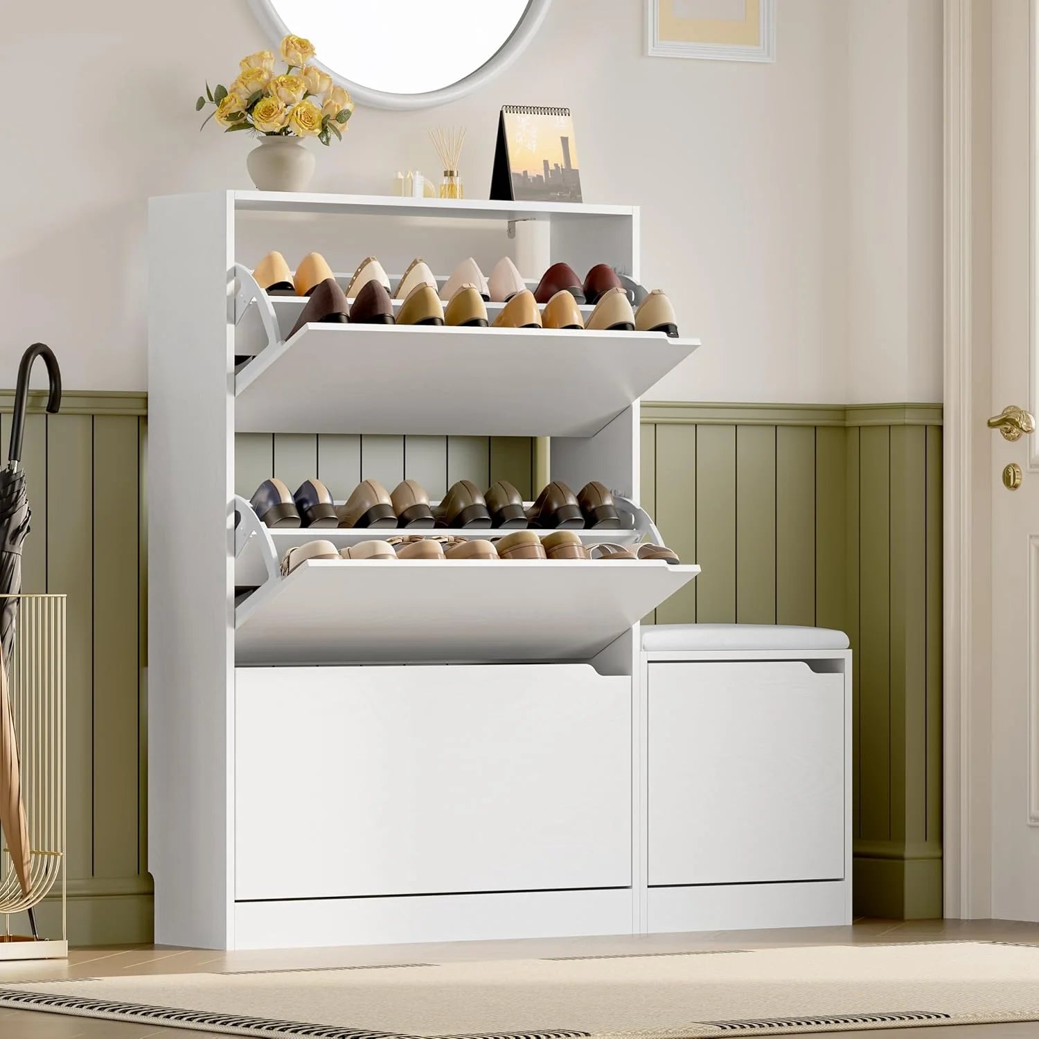 Shoe Cabinet with 3 Flip Drawers, Hidden Wood Shoe Cabinet,Freestanding Shoe Storage Cabinet