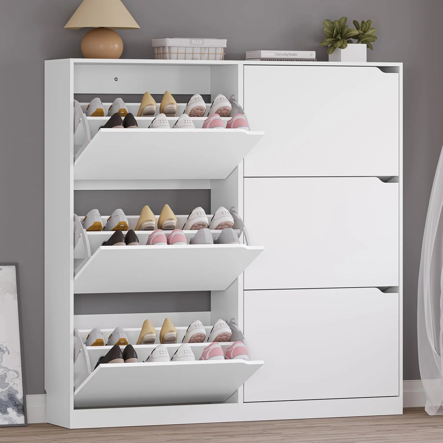 Shoe Cabinet with 3 Flip Drawers, Hidden Wood Shoe Cabinet,Freestanding Shoe Storage Cabinet