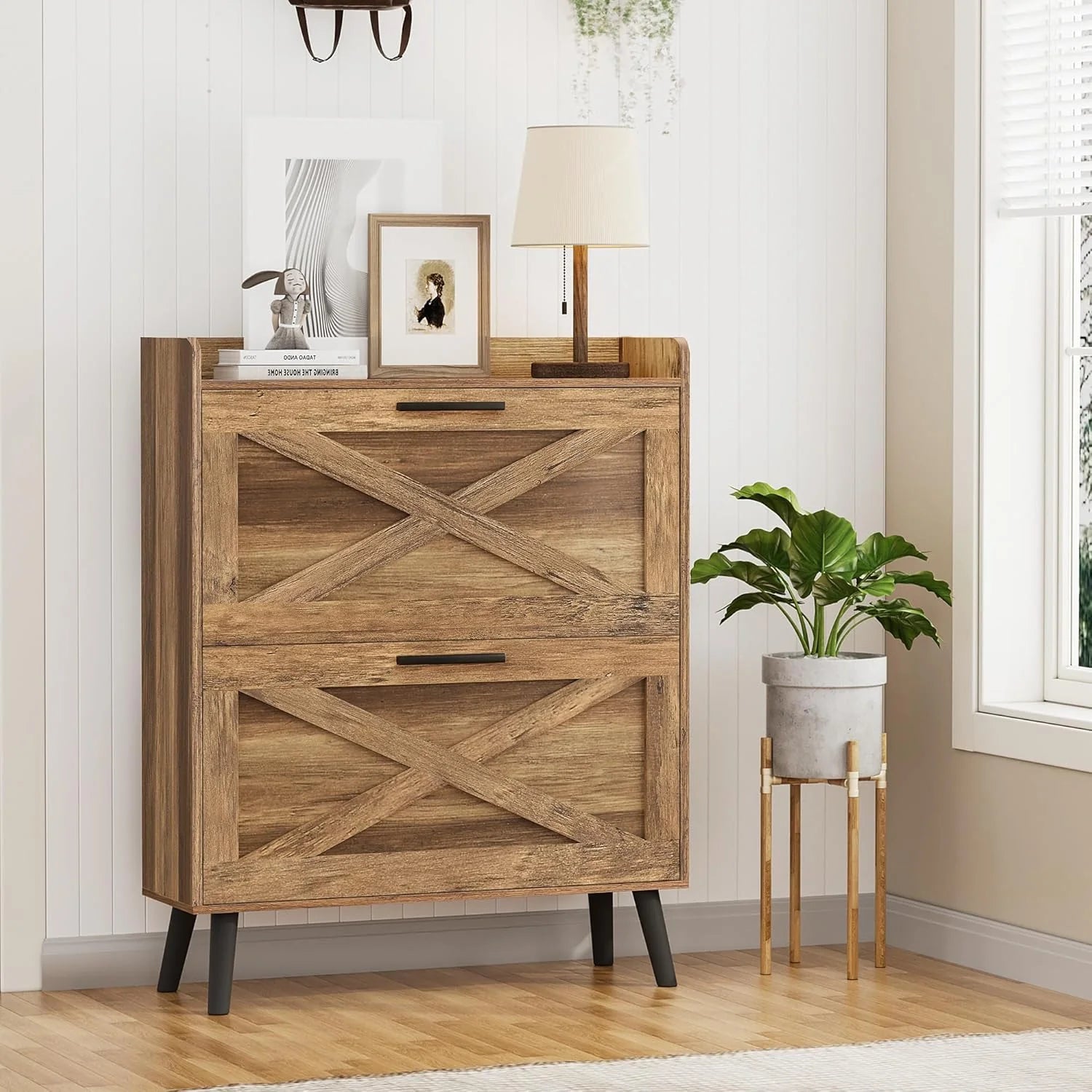 32" W Farmhouse Shoe Storage Cabinet Modern Hidden Slim Narrow Shoe Rack Cabinet