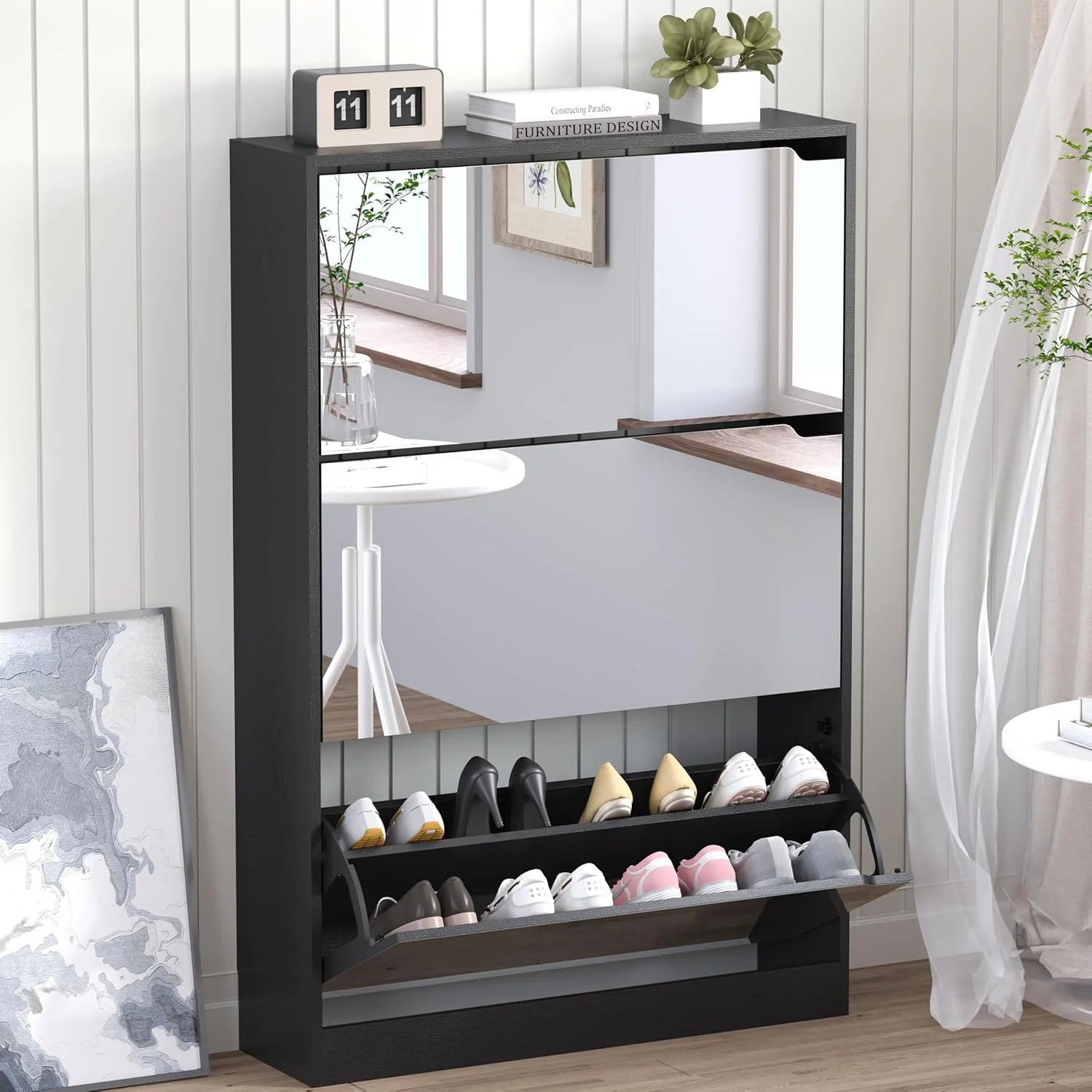 Shoe Cabinet with 3 Flip Drawers, Hidden Wood Shoe Cabinet,Freestanding Shoe Storage Cabinet
