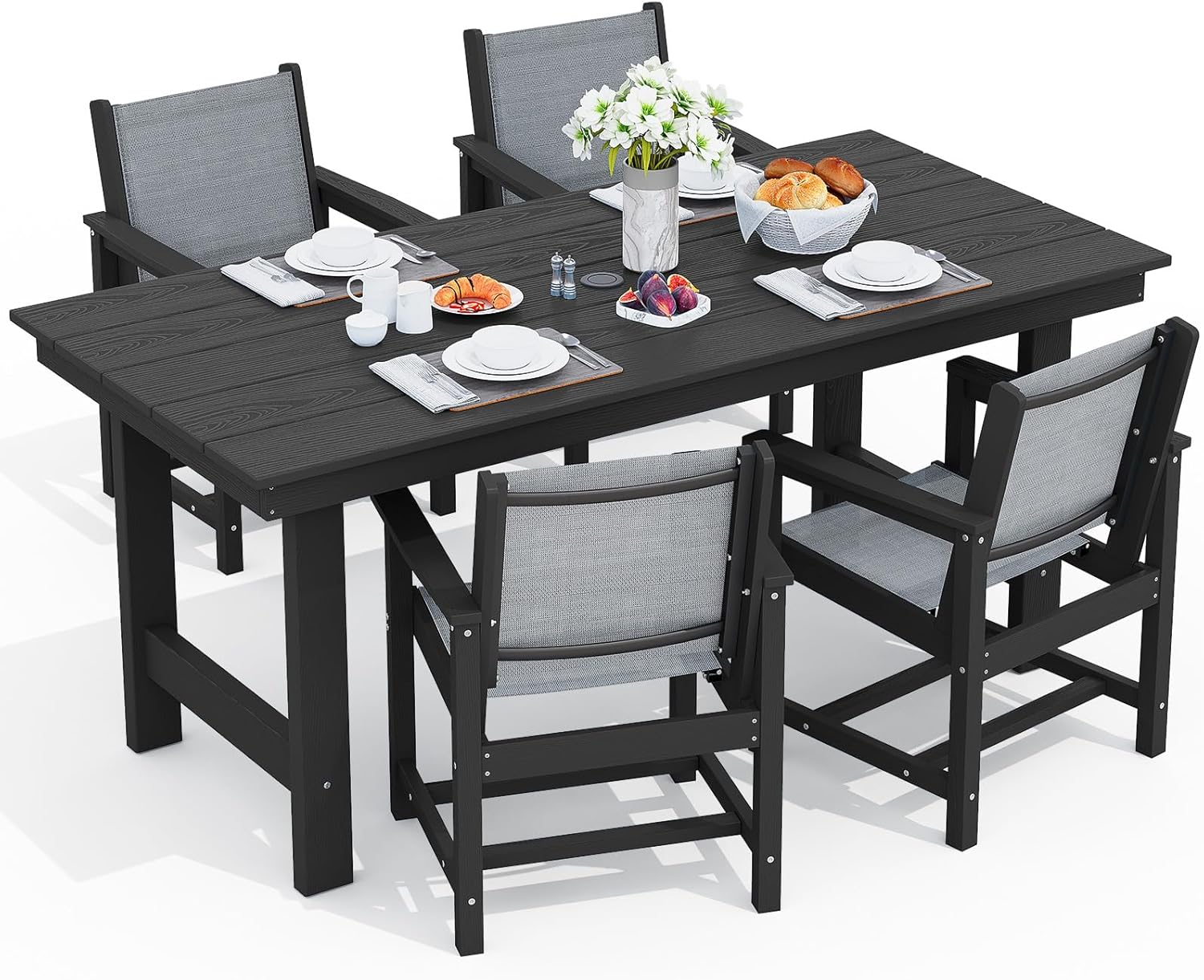SERWALL 7-Piece Patio Dining Table Sets, Outdoor HDPE Dining Furniture Set with Umbrella Hole Cut-Out Table and 6 Chairs, Blue