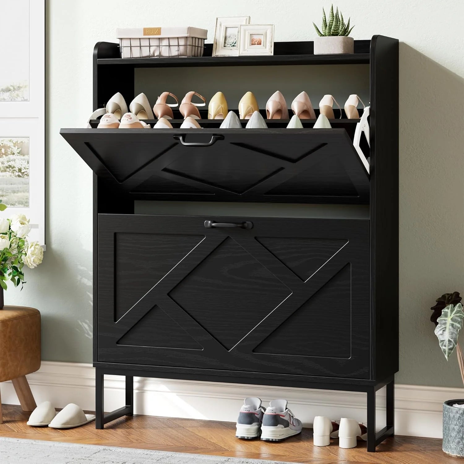 Nicetree Shoe Cabinet with 2 Flip Drawers Freestanding Shoe Storage Cabinet Narrow Shoe Cabinet
