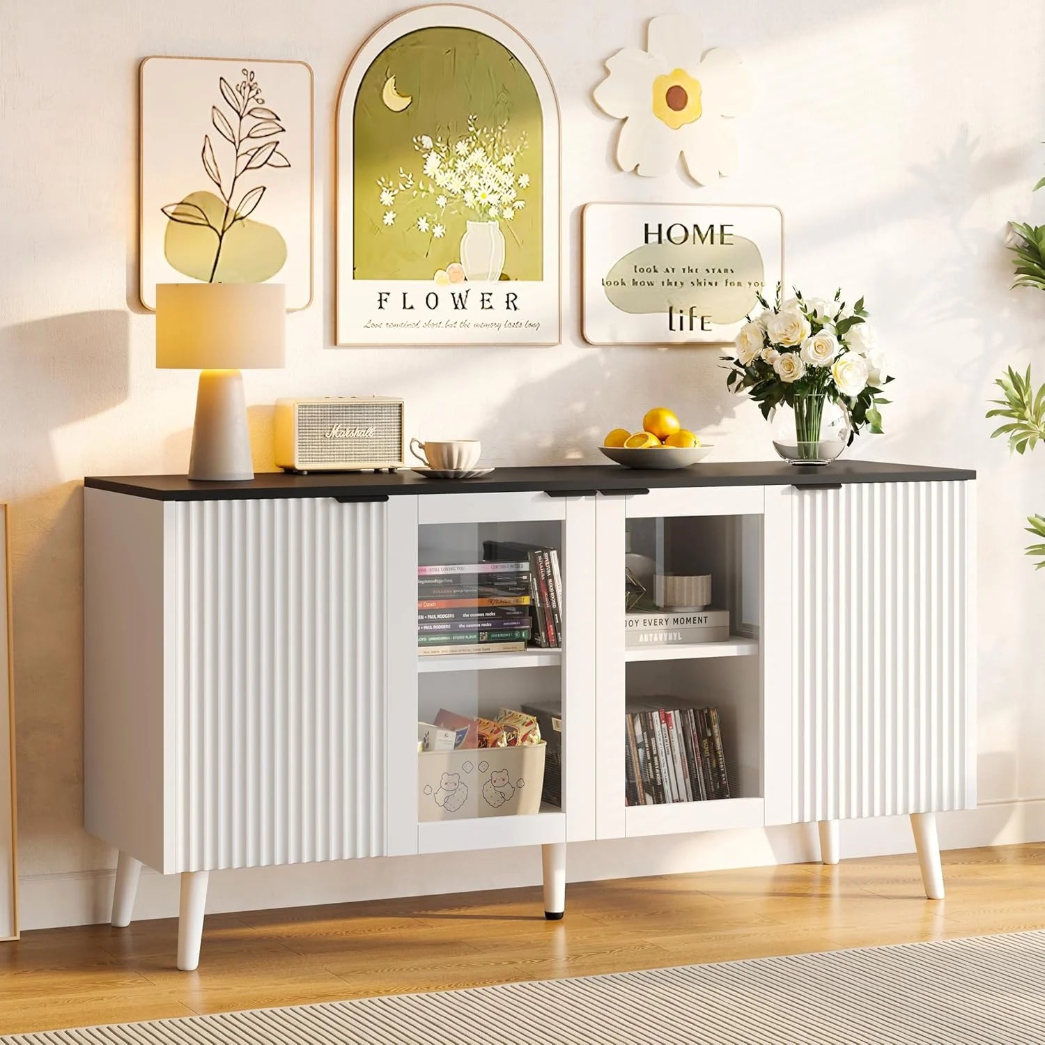 JASIWAY Buffet Cabinet with Storage 48" Rattan Sideboard Adjustable Shelves Modern Coffee Bar