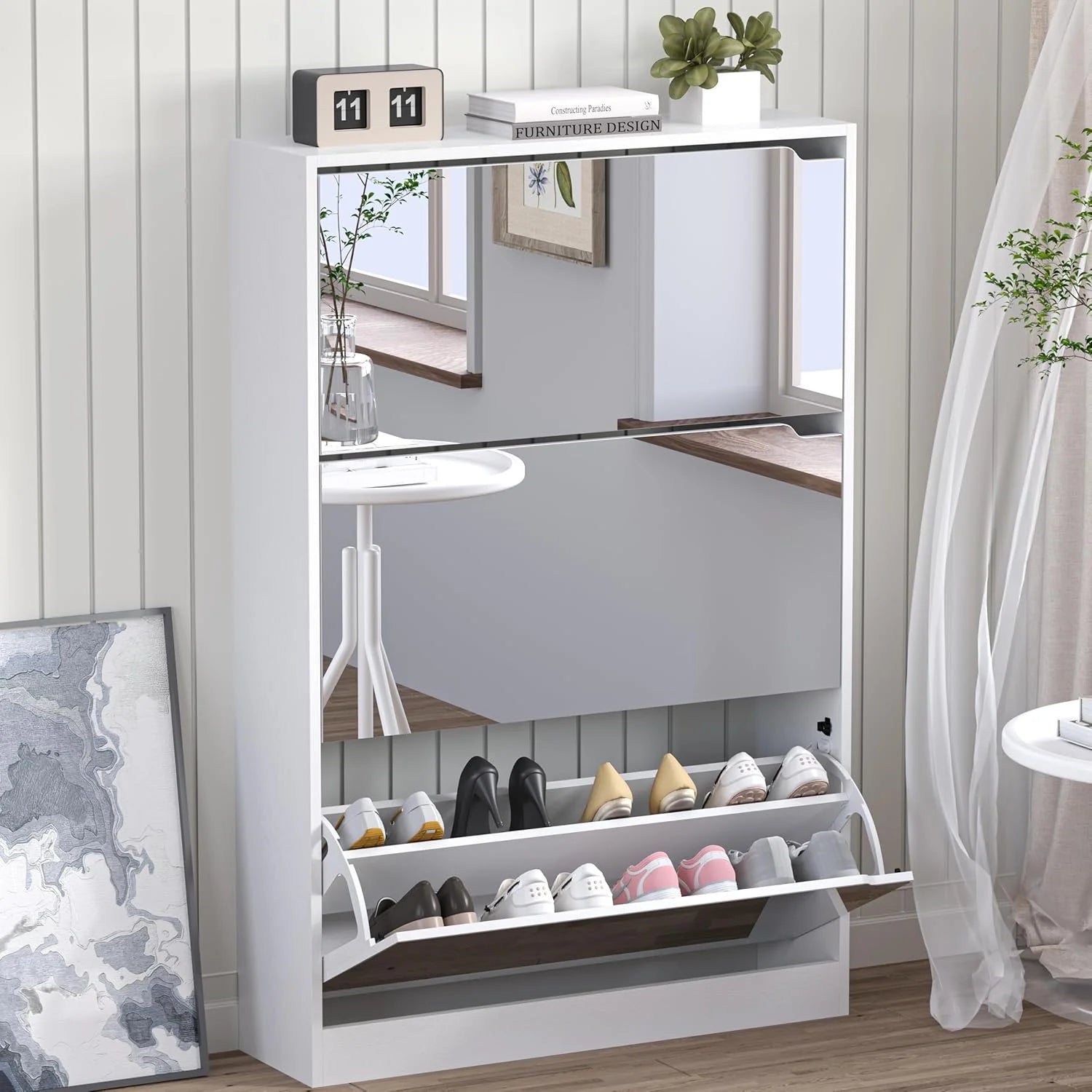 Shoe Cabinet with 3 Flip Drawers, Hidden Wood Shoe Cabinet,Freestanding Shoe Storage Cabinet