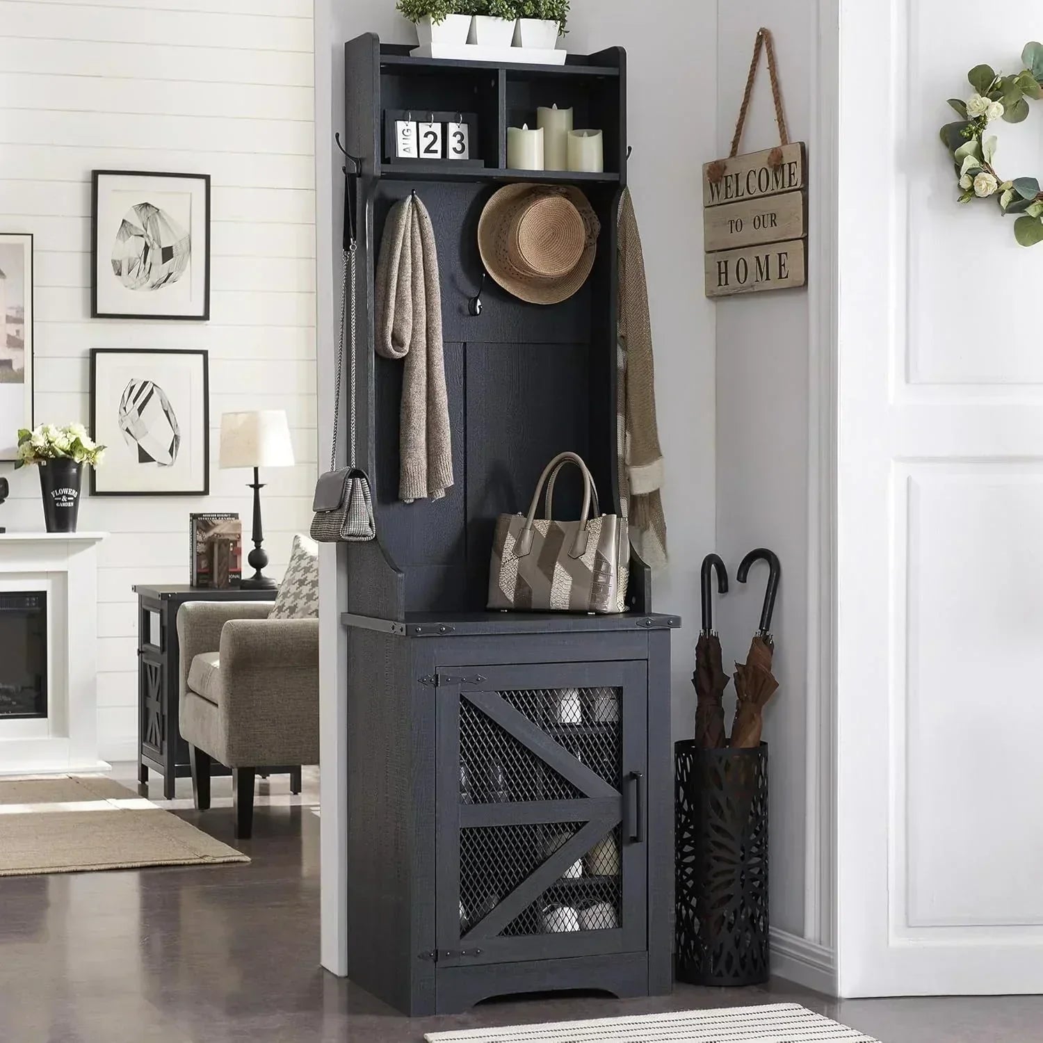 JXQTLINGMU 59-inch Farmhouse Foyer Tree Shoe Storage Entryway Bench Foyer Coat Rack Cabinet